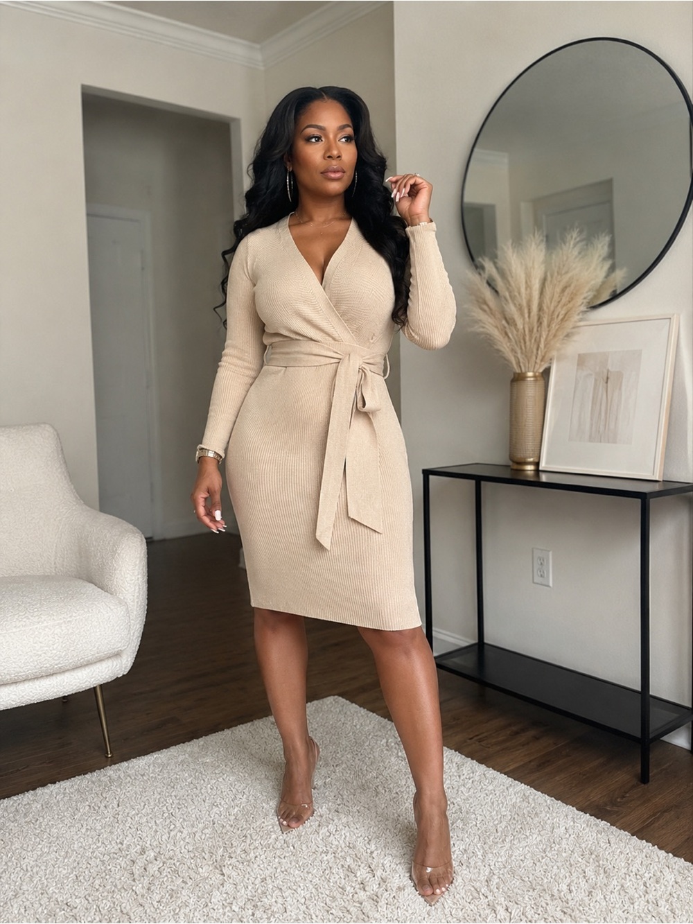 Lilla P Beige Ribbed Wrap Long-Sleeve Dress